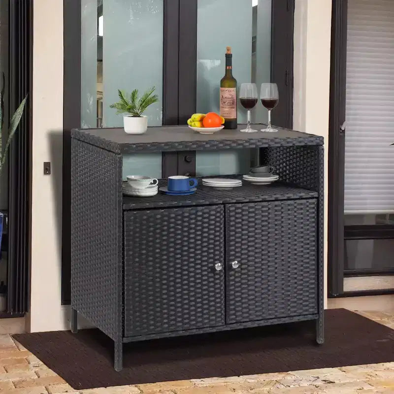 Mueble de Almacenamiento Exterior con Puertas - Baúl de Almacenamiento y Mesa de Bar de Ratán Resistente a la Intemperie