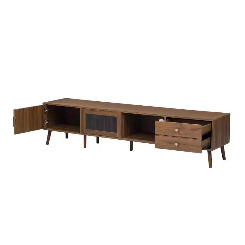 Mueble de TV ModernLuxe para televisores de hasta 85 pulgadas, centro de entretenimiento con armarios de almacenamiento y puertas de cristal, consola multimedia, Natural