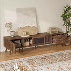 Mueble de TV ModernLuxe para televisores de hasta 85 pulgadas, centro de entretenimiento con armarios de almacenamiento y puertas de cristal, consola multimedia, Natural