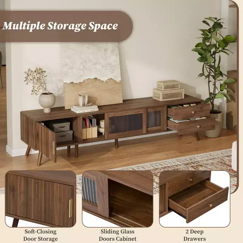 Mueble de TV ModernLuxe para televisores de hasta 85 pulgadas, centro de entretenimiento con armarios de almacenamiento y puertas de cristal, consola multimedia, Natural