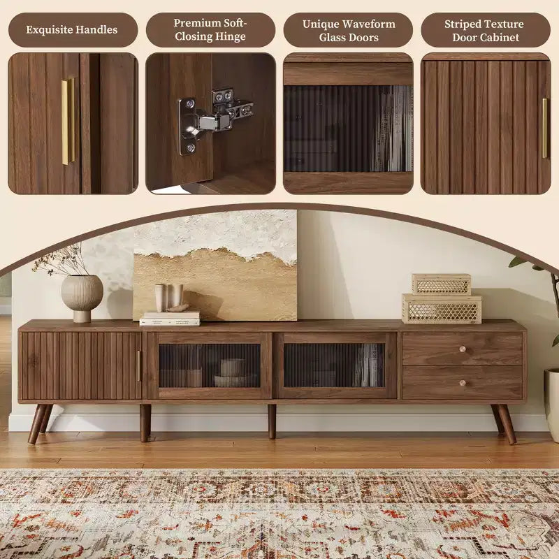 Mueble de TV ModernLuxe para televisores de hasta 85 pulgadas, centro de entretenimiento con armarios de almacenamiento y puertas de cristal, consola multimedia, Natural