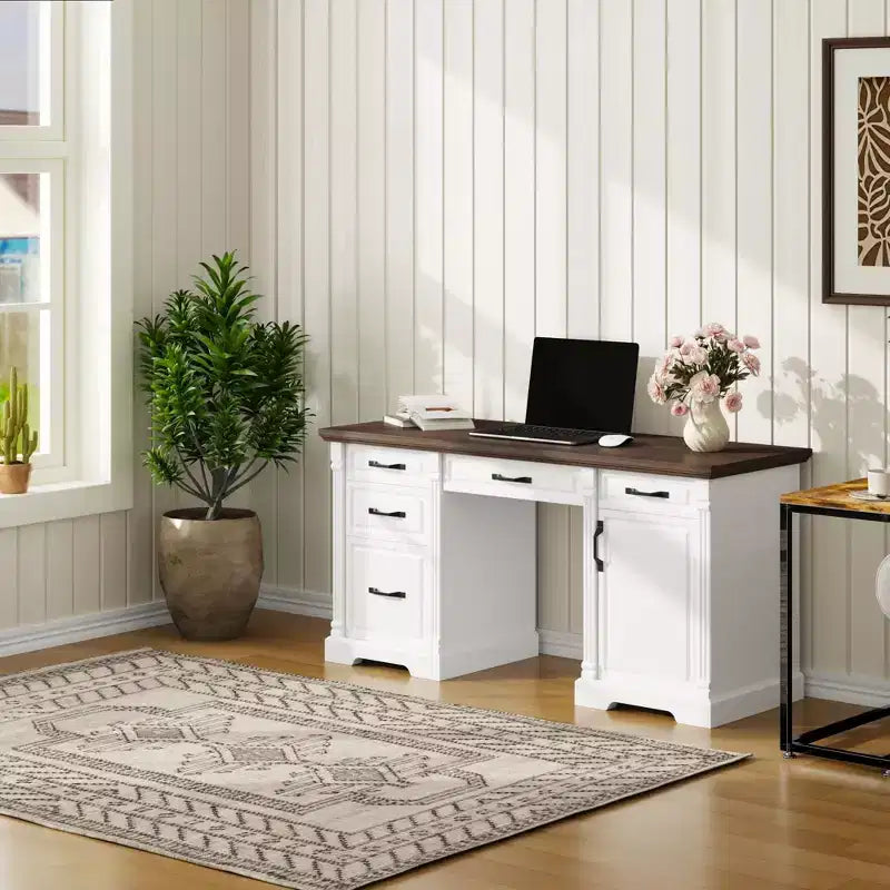 Famapy Escritorio de escritura de madera blanco y marrón Escritorio de oficina Escritorio de computadora con cajones - Estación de trabajo de oficina en casa