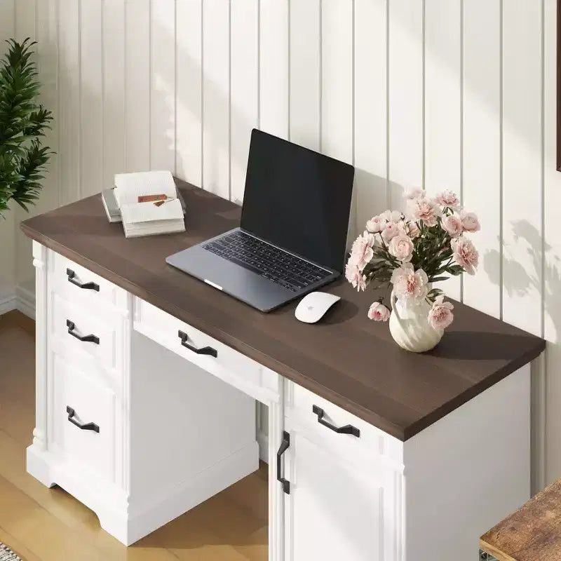 Famapy Escritorio de escritura de madera blanco y marrón Escritorio de oficina Escritorio de computadora con cajones - Estación de trabajo de oficina en casa
