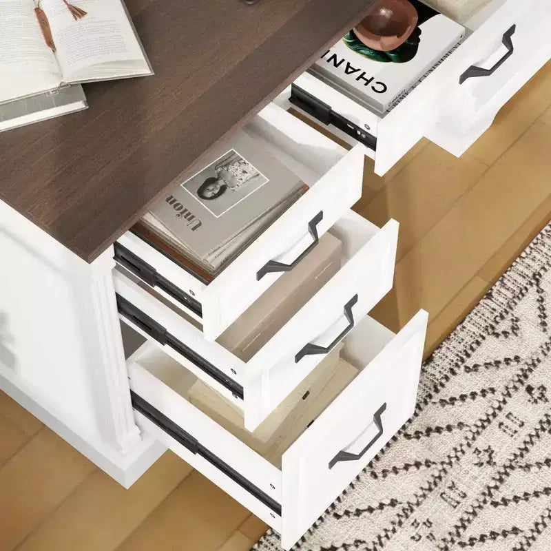 Famapy Escritorio de escritura de madera blanco y marrón Escritorio de oficina Escritorio de computadora con cajones - Estación de trabajo de oficina en casa