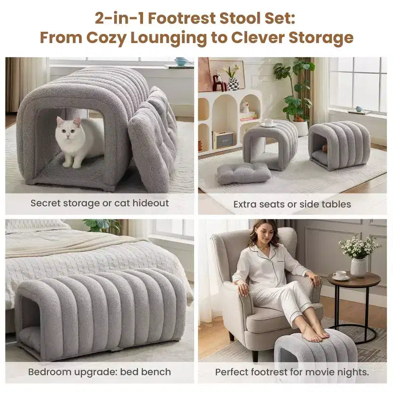 Hyleory Reposapiés Fácil de Conectar, Apto para Mascotas - Banco de Cama 2 en 1 y Túnel de Juego con 2 Almohadillas Extraíbles