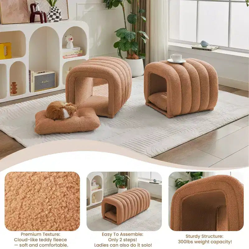 Hyleory Reposapiés Fácil de Conectar, Apto para Mascotas - Banco de Cama 2 en 1 y Túnel de Juego con 2 Almohadillas Extraíbles