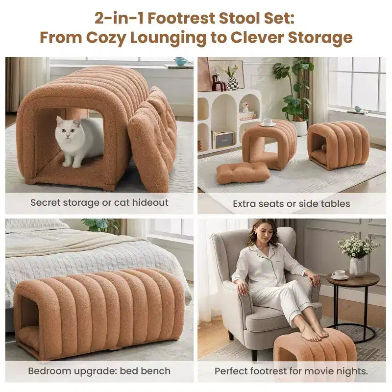 Hyleory Reposapiés Fácil de Conectar, Apto para Mascotas - Banco de Cama 2 en 1 y Túnel de Juego con 2 Almohadillas Extraíbles