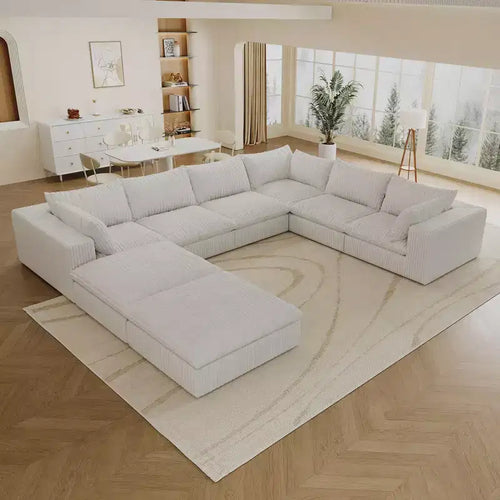 157.6 Tela de pana blanca Sofá en forma de U de combinación DIY en forma de nube Sofá de asiento profundo con 2 otomanas Diseño de doble capa Cojín extraíble Sin montaje
