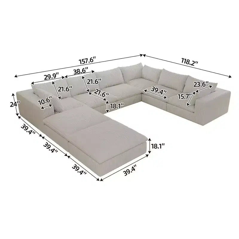 157.6 Tela de pana blanca Sofá en forma de U de combinación DIY en forma de nube Sofá de asiento profundo con 2 otomanas Diseño de doble capa Cojín extraíble Sin montaje