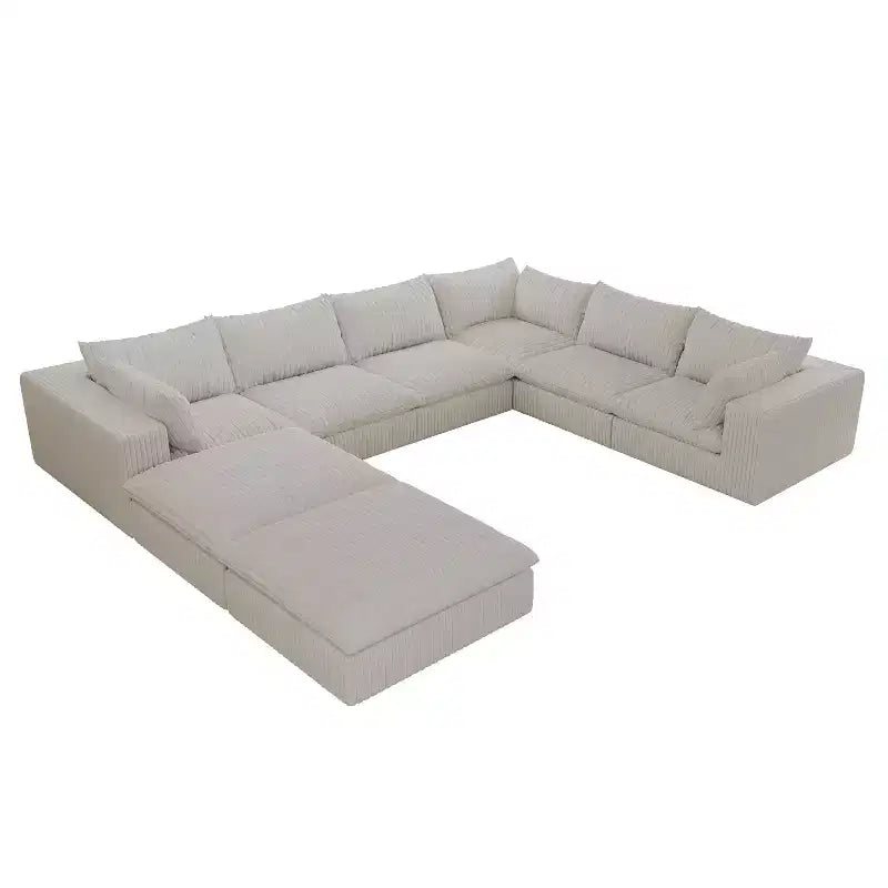 157.6 Tela de pana blanca Sofá en forma de U de combinación DIY en forma de nube Sofá de asiento profundo con 2 otomanas Diseño de doble capa Cojín extraíble Sin montaje