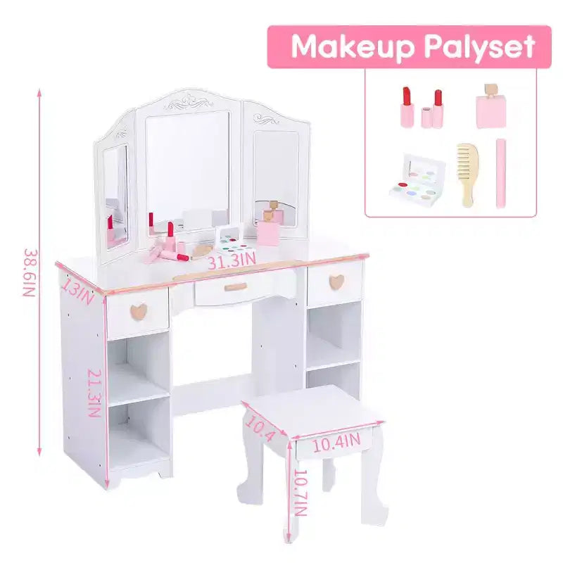 GustoWave Tocador para Niñas con Espejo y Cajón - Juego de Tocador y Silla para Niñas con Juego de Maquillaje de Madera, Perfecto para Niñas de 3 a 9 años, Blanco