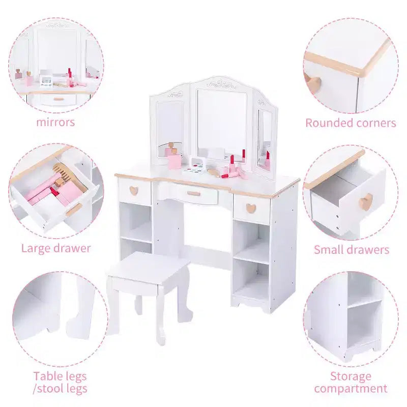 GustoWave Tocador para Niñas con Espejo y Cajón - Juego de Tocador y Silla para Niñas con Juego de Maquillaje de Madera, Perfecto para Niñas de 3 a 9 años, Blanco