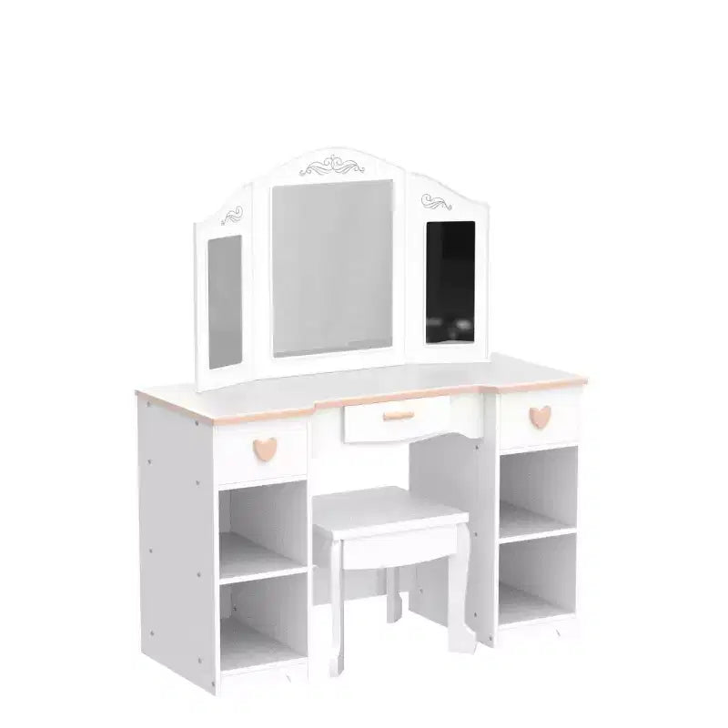 GustoWave Tocador para Niñas con Espejo y Cajón - Juego de Tocador y Silla para Niñas con Juego de Maquillaje de Madera, Perfecto para Niñas de 3 a 9 años, Blanco