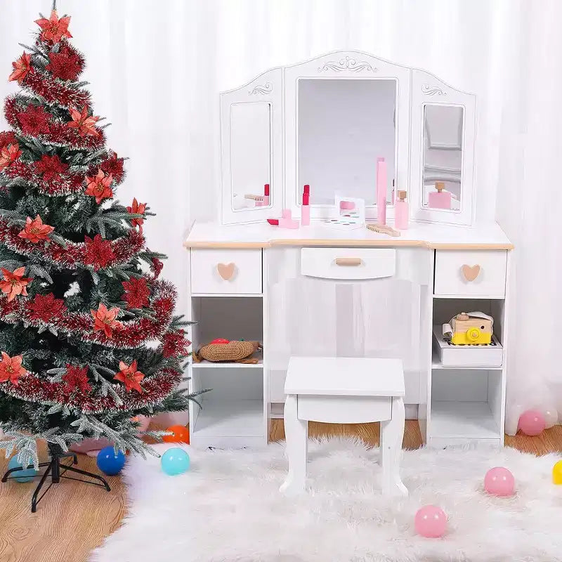 GustoWave Tocador para Niñas con Espejo y Cajón - Juego de Tocador y Silla para Niñas con Juego de Maquillaje de Madera, Perfecto para Niñas de 3 a 9 años, Blanco