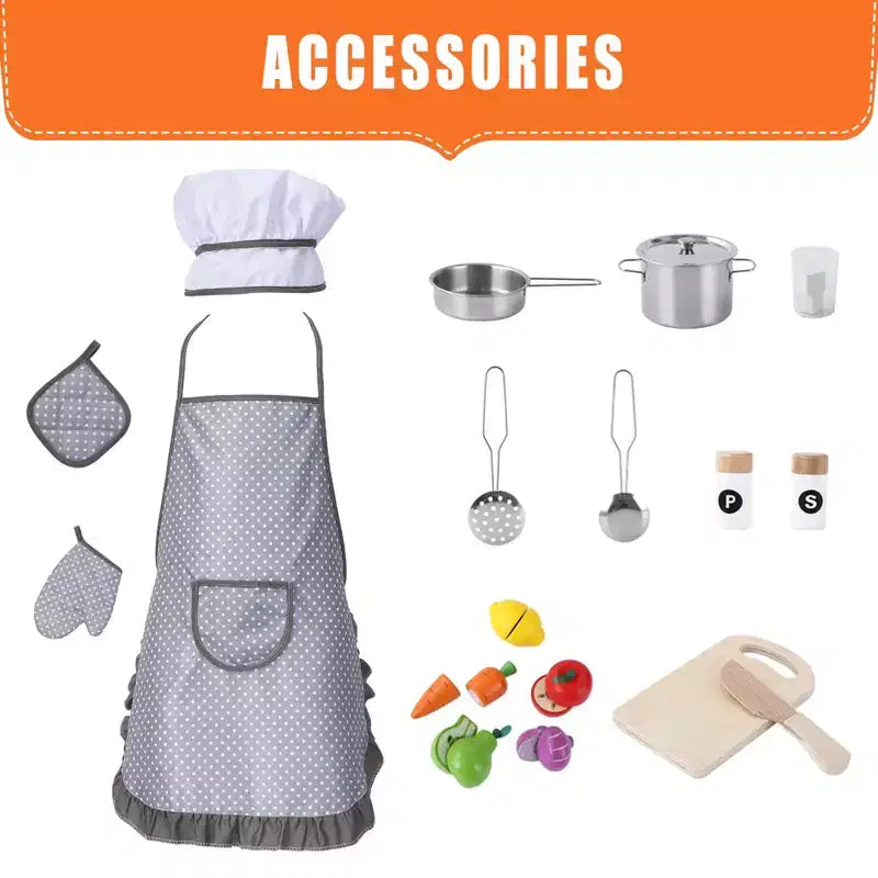 Juego de cocina para niños, juego de simulación de chef de madera con 20 accesorios de cocina, juego de simulación de utensilios de cocina de madera