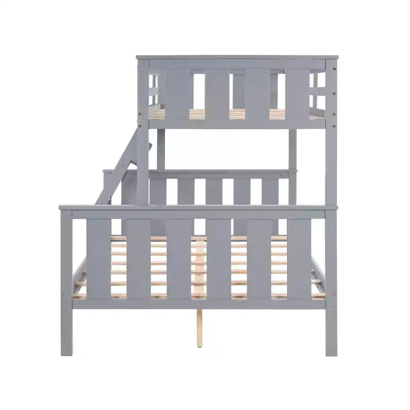 Litera doble sobre completa con escalera, estructura de madera con barandillas altas para niños, no necesita somier, resistente y ahorra espacio, gris