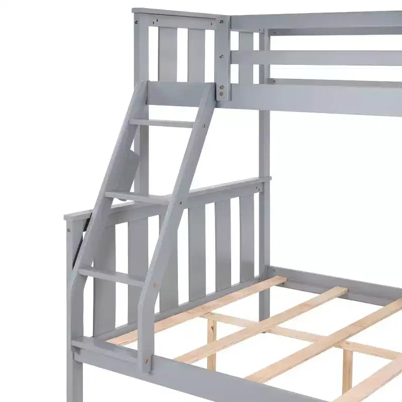 Litera doble sobre completa con escalera, estructura de madera con barandillas altas para niños, no necesita somier, resistente y ahorra espacio, gris
