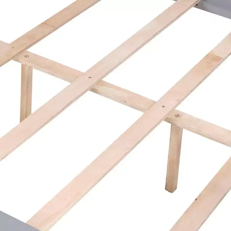 Litera doble sobre completa con escalera, estructura de madera con barandillas altas para niños, no necesita somier, resistente y ahorra espacio, gris