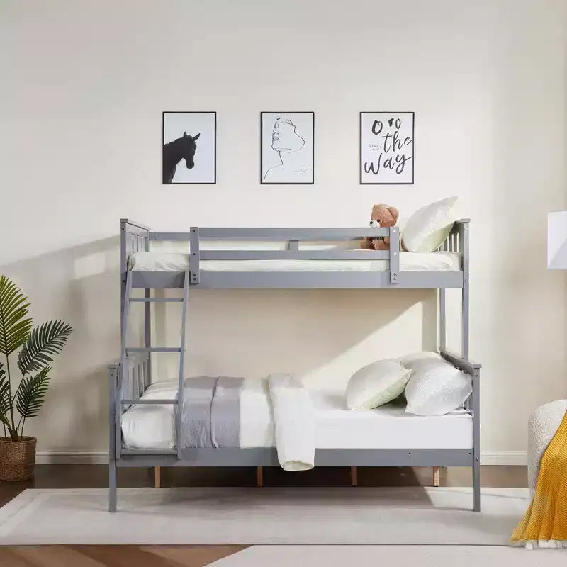 Litera doble sobre completa con escalera, estructura de madera con barandillas altas para niños, no necesita somier, resistente y ahorra espacio, gris