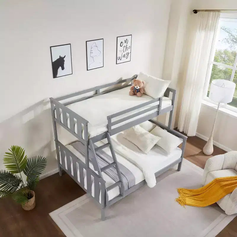 Litera doble sobre completa con escalera, estructura de madera con barandillas altas para niños, no necesita somier, resistente y ahorra espacio, gris