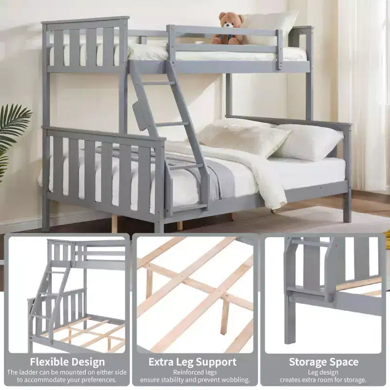 Litera doble sobre completa con escalera, estructura de madera con barandillas altas para niños, no necesita somier, resistente y ahorra espacio, gris
