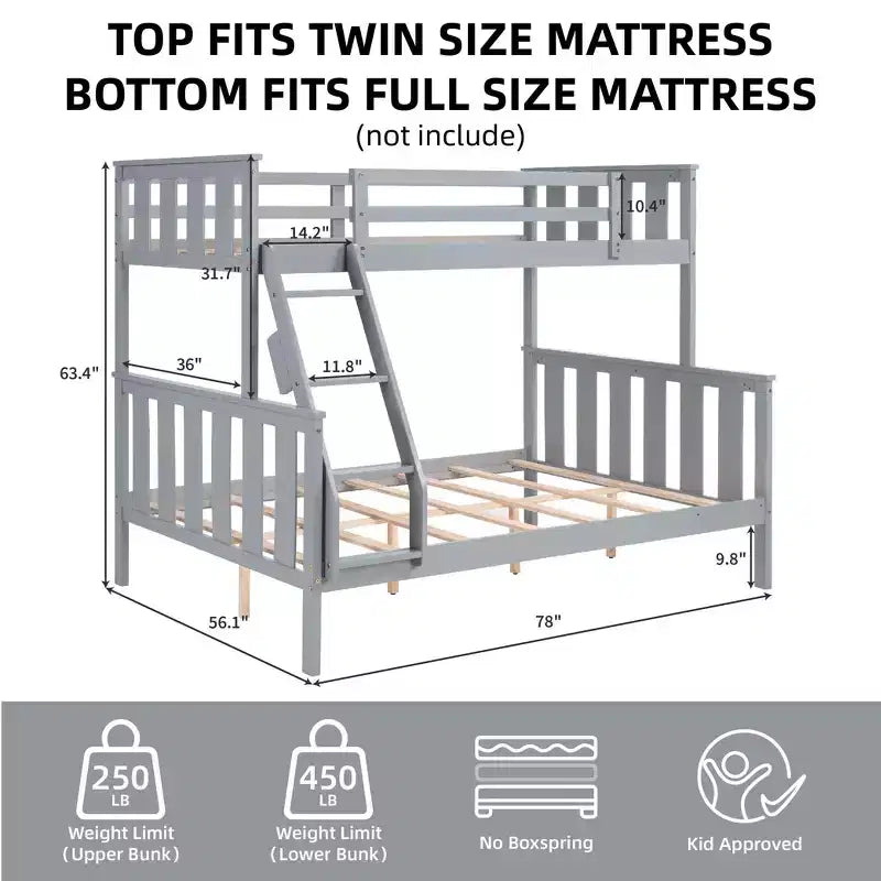 Litera doble sobre completa con escalera, estructura de madera con barandillas altas para niños, no necesita somier, resistente y ahorra espacio, gris