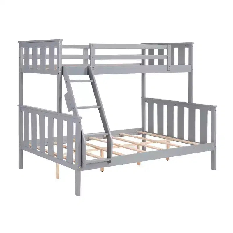 Litera doble sobre completa con escalera, estructura de madera con barandillas altas para niños, no necesita somier, resistente y ahorra espacio, gris