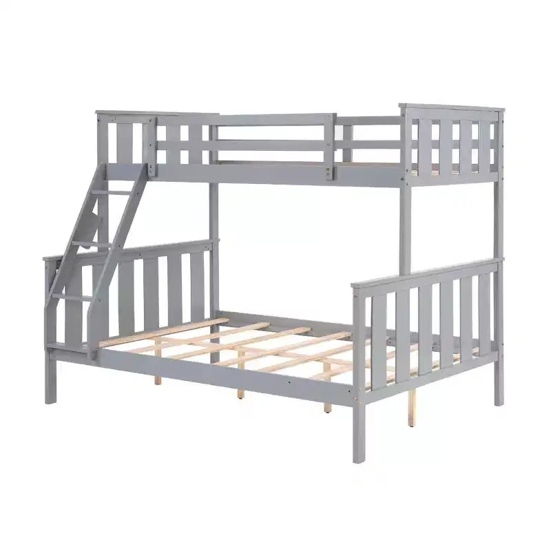 Litera doble sobre completa con escalera, estructura de madera con barandillas altas para niños, no necesita somier, resistente y ahorra espacio, gris