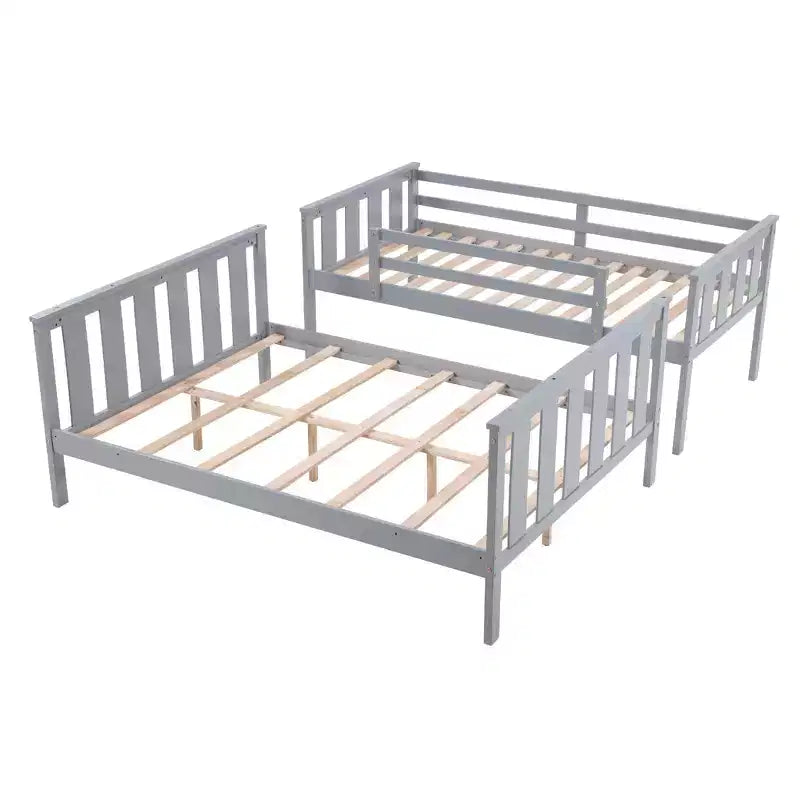 Litera doble sobre completa con escalera, estructura de madera con barandillas altas para niños, no necesita somier, resistente y ahorra espacio, gris