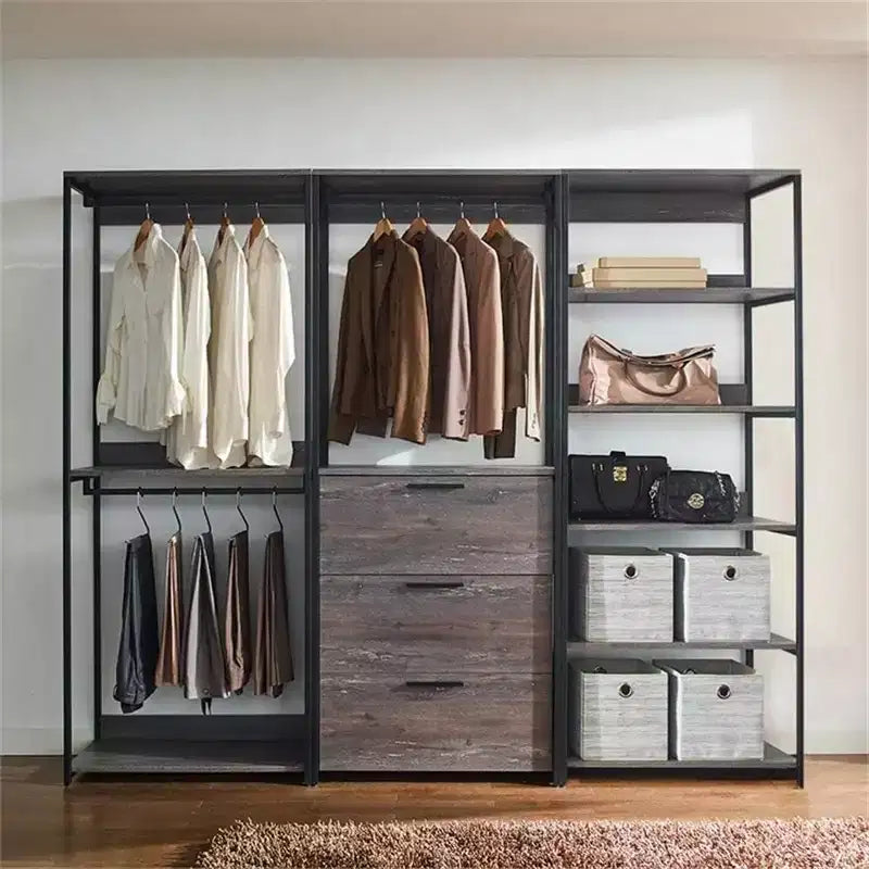 Sistema de clóset de compuesto de madera negra HomeStock de 197.3 cm de alto x 243.8 cm de ancho para almacenamiento universal con cubos de almacenamiento