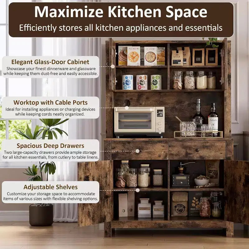 Mueble de despensa de cocina independiente con cajones y alacena, estantes ajustables y soporte para microondas, unidad de almacenamiento de 63 pulgadas de alto para comedores