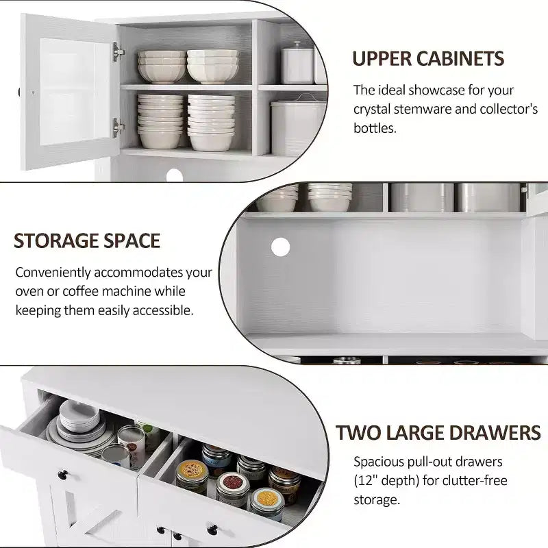 Mueble de despensa de cocina independiente con cajones y alacena, estantes ajustables y soporte para microondas, unidad de almacenamiento de 63 pulgadas de alto para comedores