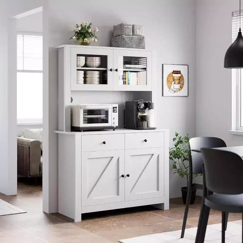 Mueble de despensa de cocina independiente con cajones y alacena, estantes ajustables y soporte para microondas, unidad de almacenamiento de 63 pulgadas de alto para comedores