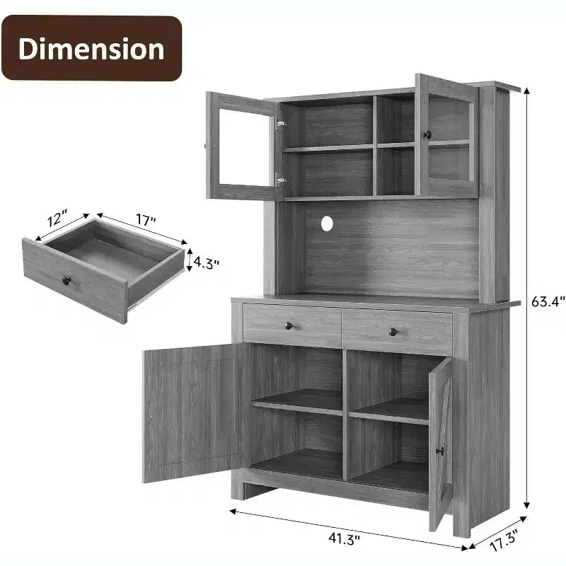 Mueble de despensa de cocina independiente con cajones y alacena, estantes ajustables y soporte para microondas, unidad de almacenamiento de 63 pulgadas de alto para comedores
