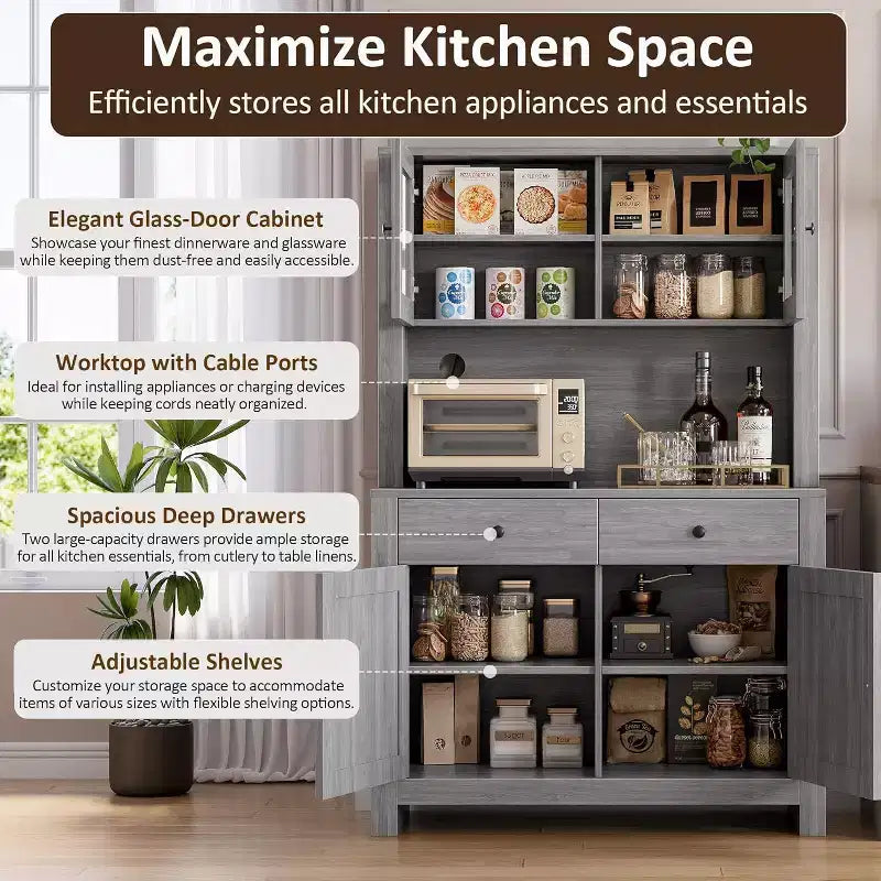Mueble de despensa de cocina independiente con cajones y alacena, estantes ajustables y soporte para microondas, unidad de almacenamiento de 63 pulgadas de alto para comedores