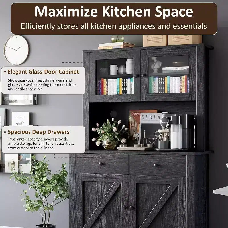 Mueble de despensa de cocina independiente con cajones y alacena, estantes ajustables y soporte para microondas, unidad de almacenamiento de 63 pulgadas de alto para comedores