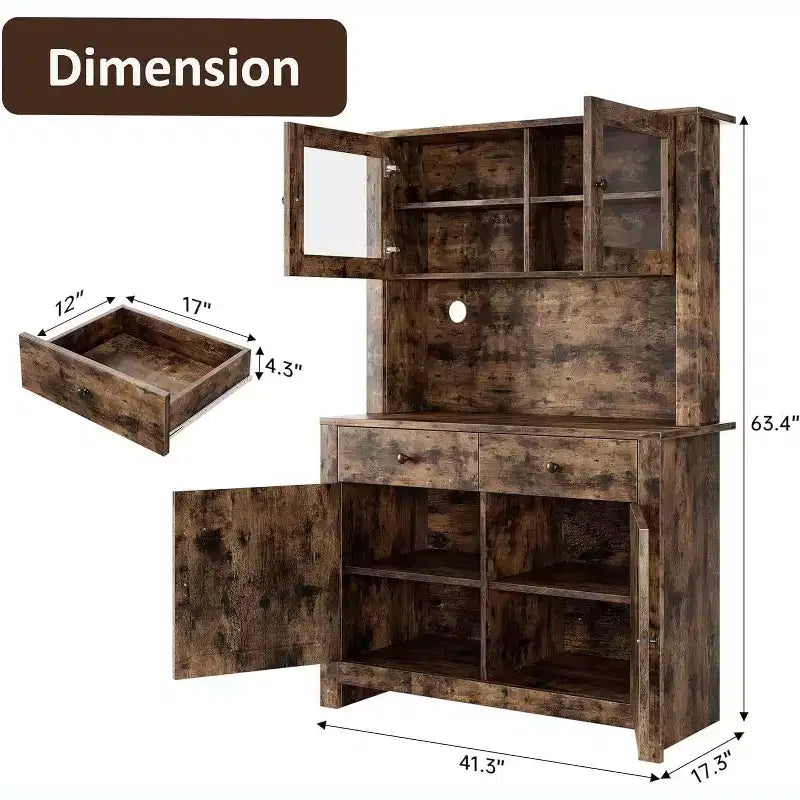 Mueble de despensa de cocina independiente con cajones y alacena, estantes ajustables y soporte para microondas, unidad de almacenamiento de 63 pulgadas de alto para comedores