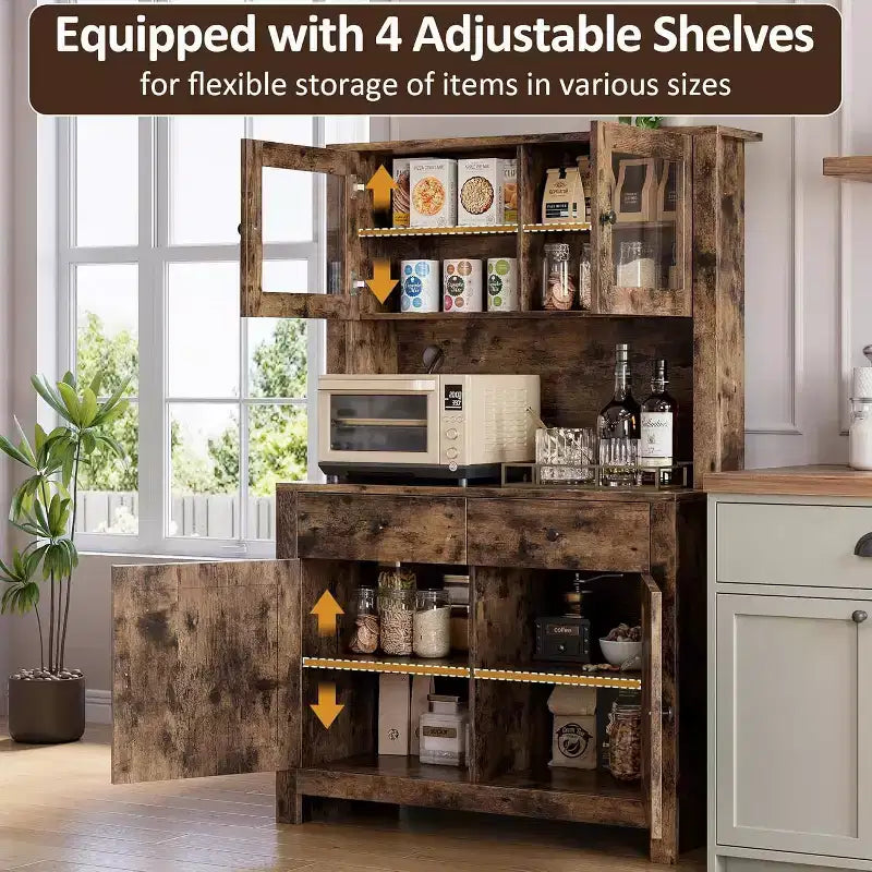 Mueble de despensa de cocina independiente con cajones y alacena, estantes ajustables y soporte para microondas, unidad de almacenamiento de 63 pulgadas de alto para comedores
