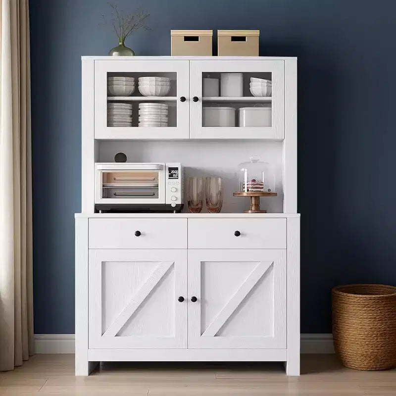 Mueble de despensa de cocina independiente con cajones y alacena, estantes ajustables y soporte para microondas, unidad de almacenamiento de 63 pulgadas de alto para comedores