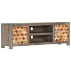 vidaXL Mueble para TV de madera maciza de mango/Mueble multimedia con dos cajones y una puerta, Diseño de mediados de siglo, Gris y marrón, 47.2x11.8x15.7