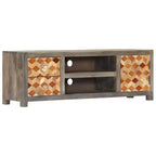 vidaXL Mueble para TV de madera maciza de mango/Mueble multimedia con dos cajones y una puerta, Diseño de mediados de siglo, Gris y marrón, 47.2x11.8x15.7