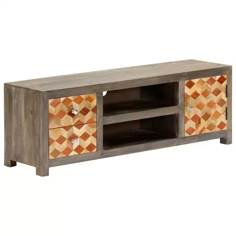 vidaXL Mueble para TV de madera maciza de mango/Mueble multimedia con dos cajones y una puerta, Diseño de mediados de siglo, Gris y marrón, 47.2x11.8x15.7