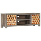 vidaXL Mueble para TV de madera maciza de mango/Mueble multimedia con dos cajones y una puerta, Diseño de mediados de siglo, Gris y marrón, 47.2x11.8x15.7