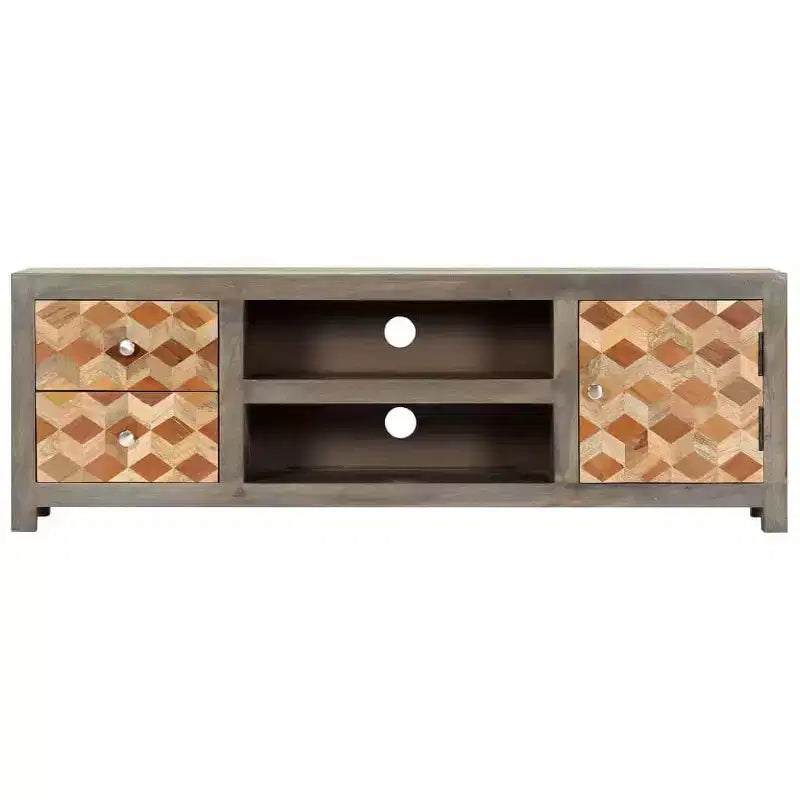 vidaXL Mueble para TV de madera maciza de mango/Mueble multimedia con dos cajones y una puerta, Diseño de mediados de siglo, Gris y marrón, 47.2x11.8x15.7