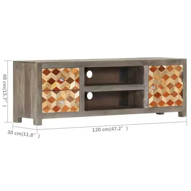 vidaXL Mueble para TV de madera maciza de mango/Mueble multimedia con dos cajones y una puerta, Diseño de mediados de siglo, Gris y marrón, 47.2x11.8x15.7