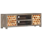 vidaXL Mueble para TV de madera maciza de mango/Mueble multimedia con dos cajones y una puerta, Diseño de mediados de siglo, Gris y marrón, 47.2x11.8x15.7