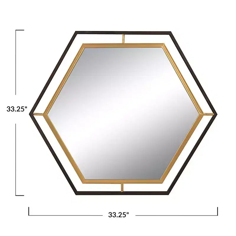 Espejo de pared con marco de metal hexagonal de dos tonos Storied Home, negro y dorado