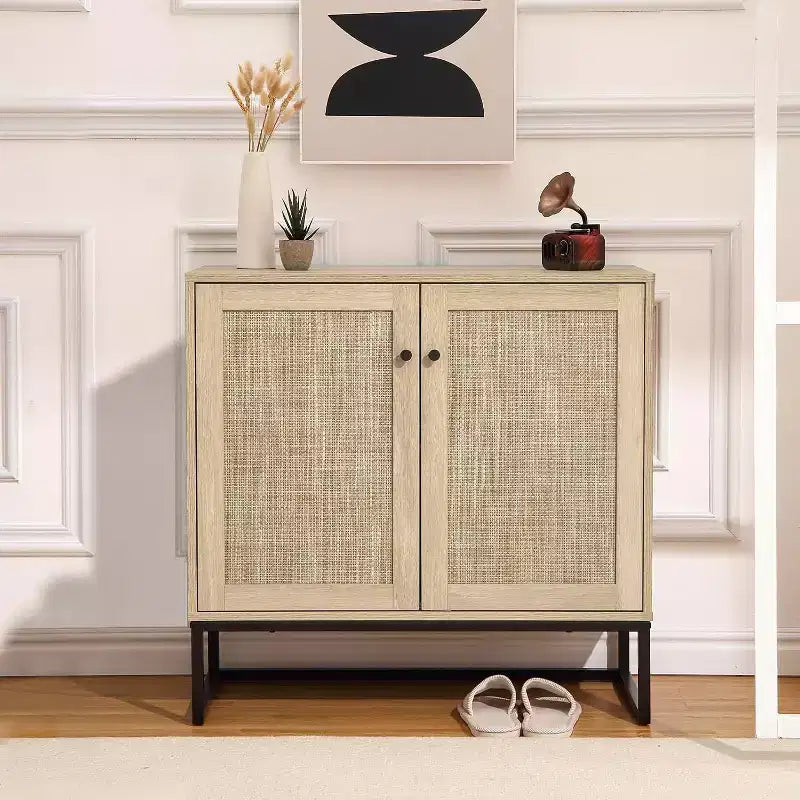 Aparador buffet bohemio de ratán con almacenamiento, mesa auxiliar de entrada y mueble de cocina, elegante organizador para sala de estar, pasillo