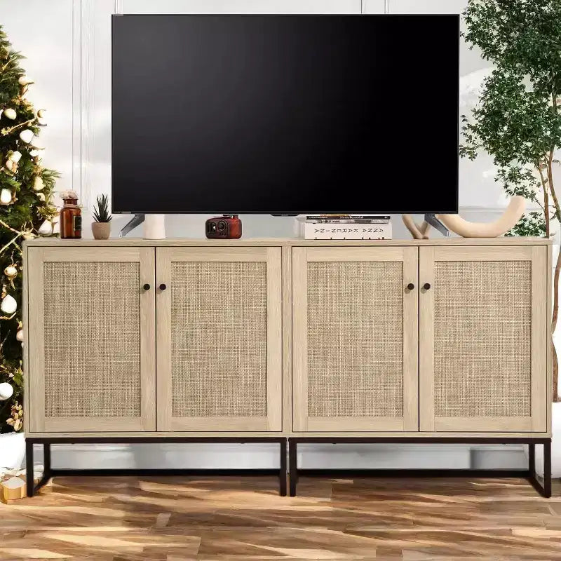Aparador buffet bohemio de ratán con almacenamiento, mesa auxiliar de entrada y mueble de cocina, elegante organizador para sala de estar, pasillo