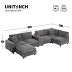 Sofá seccional modular en forma de U de gran tamaño de 140'' con otomana, consola, cargador USB, portavasos, almacenamiento, tapicería de pana, 6 asientos para sala de estar